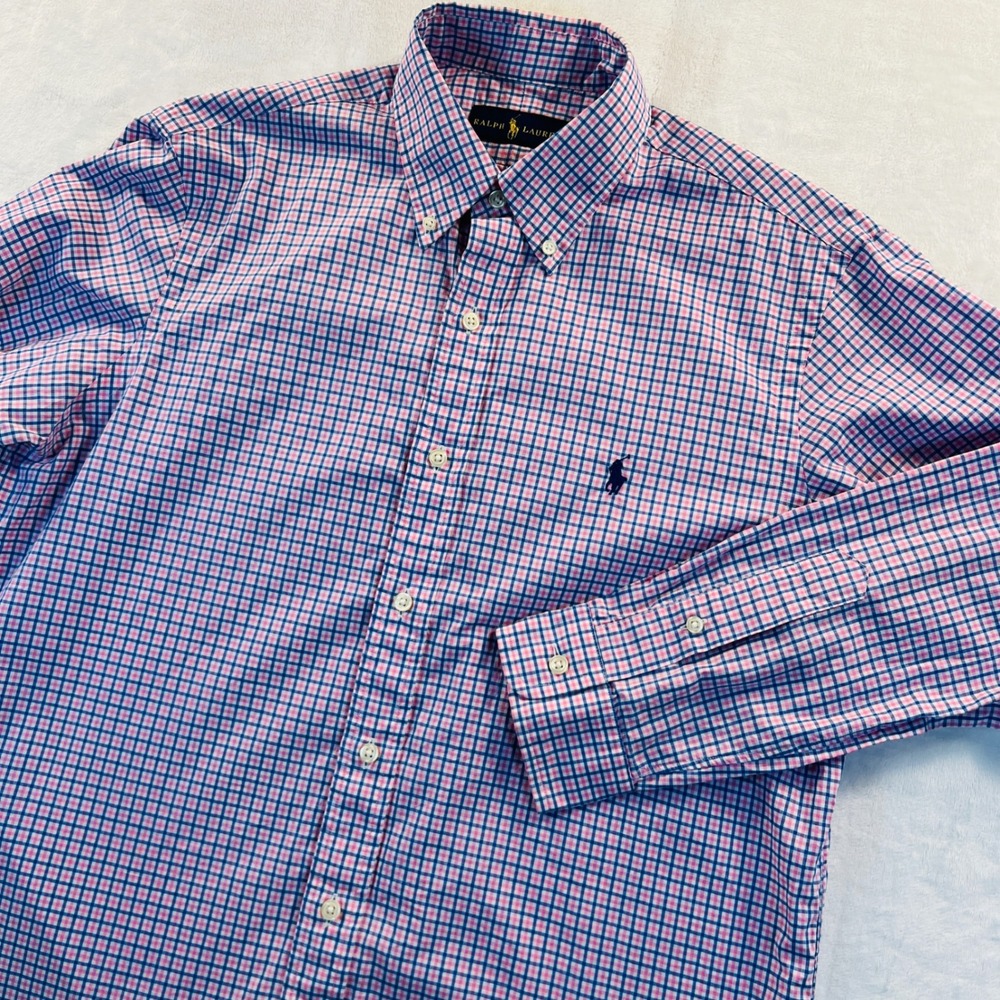 Ralph Lauren Mens Gingham Button Down Shirt Pink Blue White Size Medium